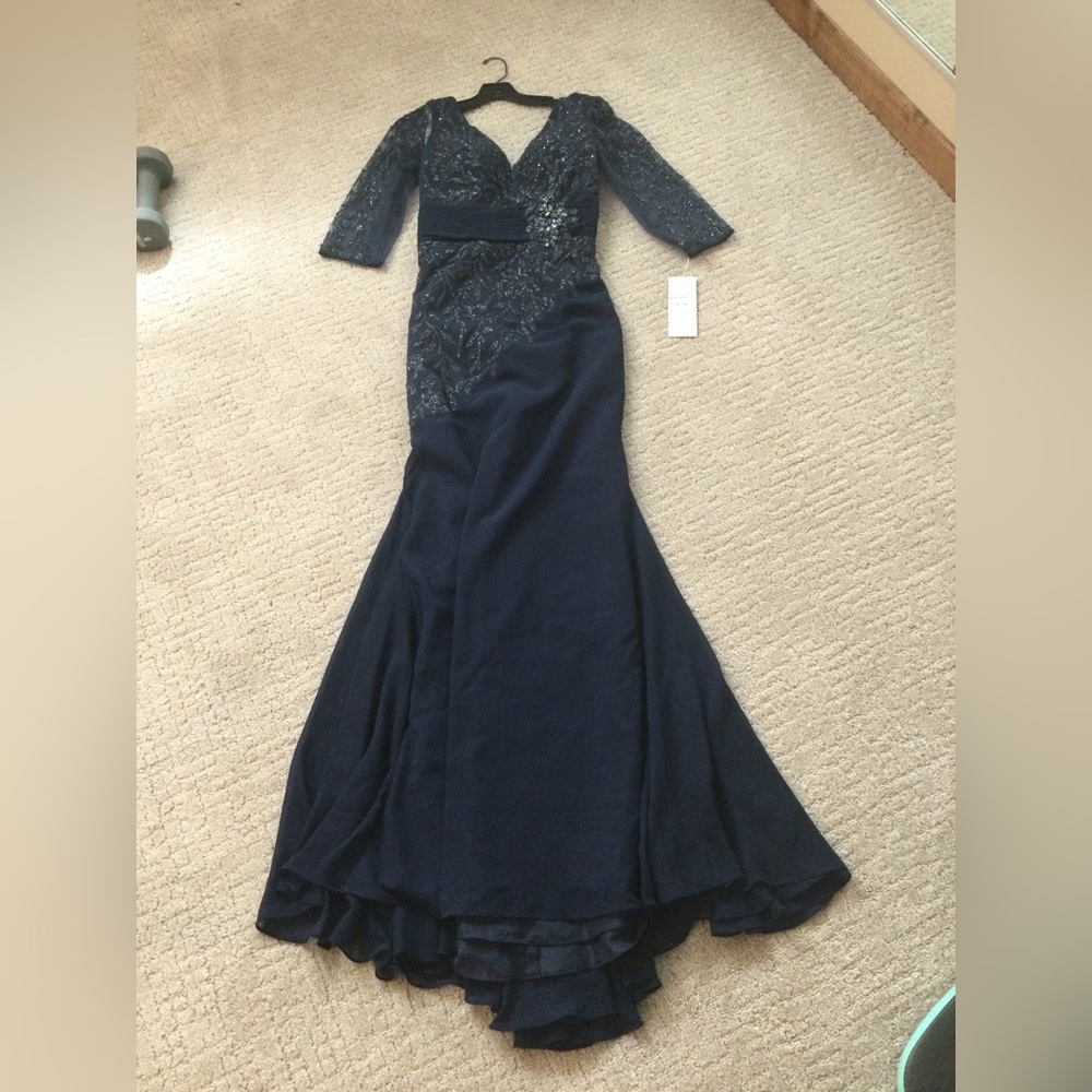 Mon Cheri Navy Blue Lace & Sequin Mermaid Gown